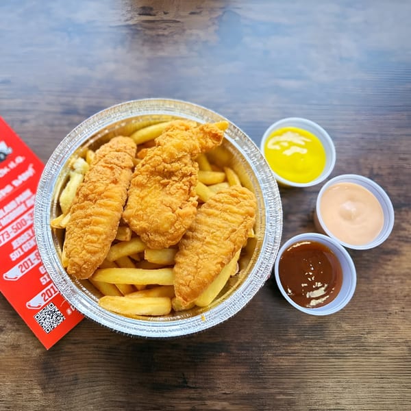 Lomo Truck's crispy chicken tenders and golden fries in a foil container with three dipping sauces.